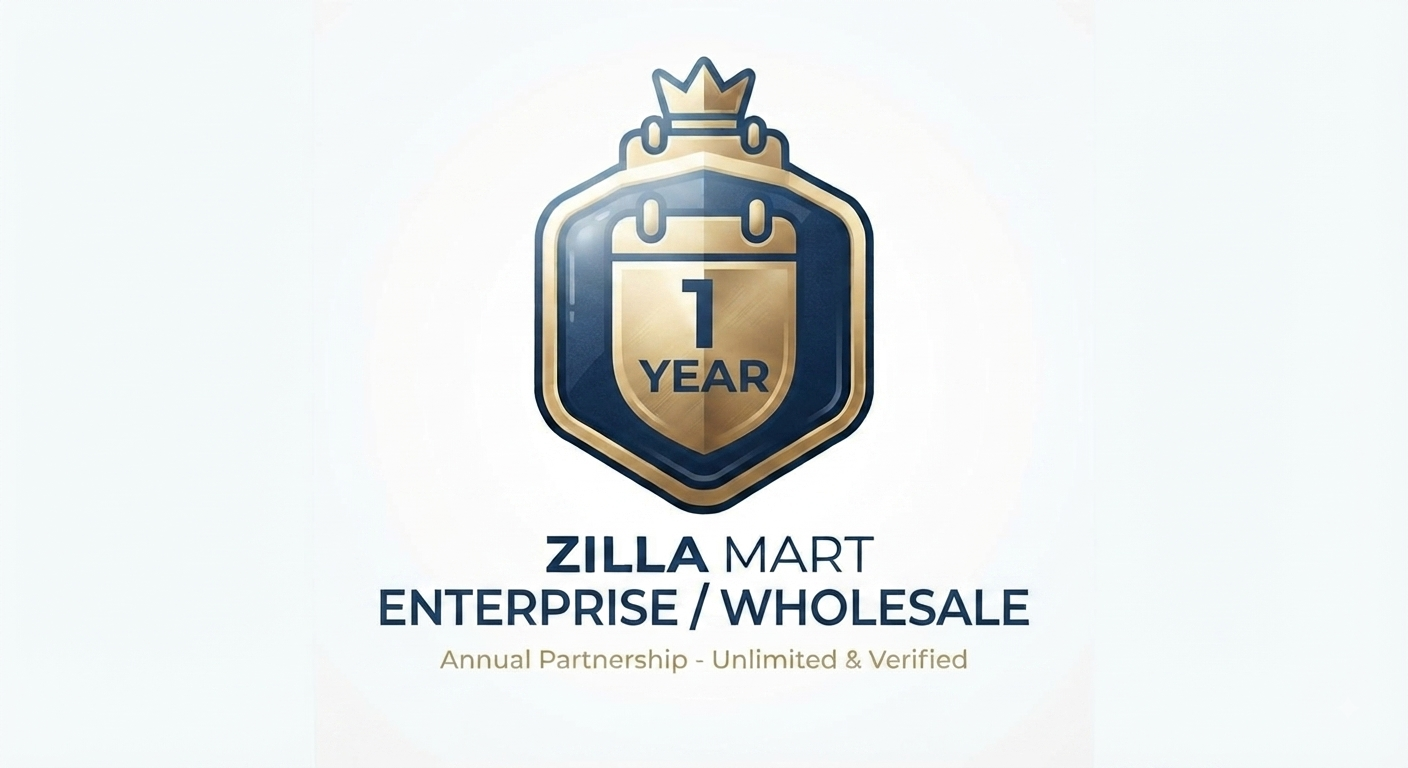 Zilla Mart Enterprise Wholesale annual subscription badge featuring a gold shield, crown, and '1 YEAR' calendar icon, representing long-term unlimited marketplace access.